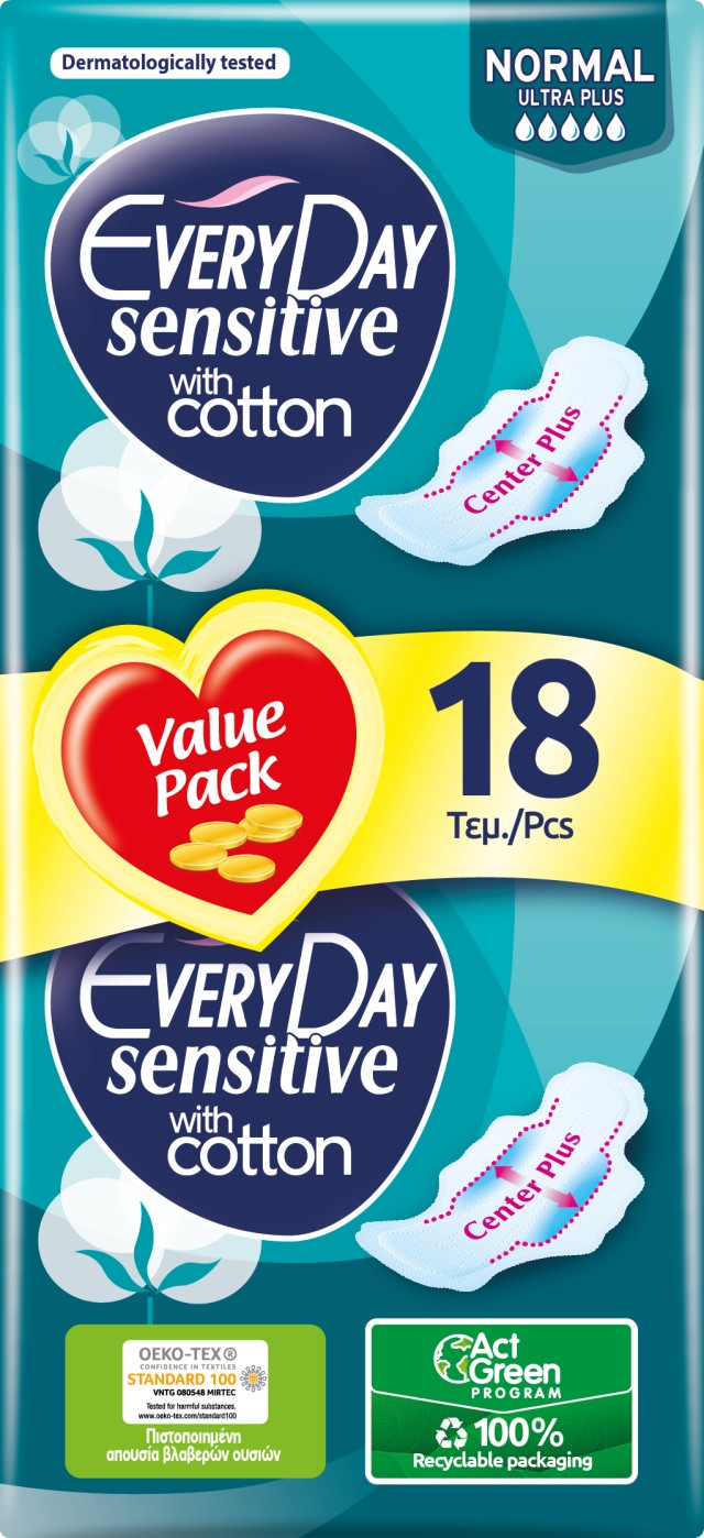 Every Day Σερβιέτες Sensitive with cotton NORMAL Ultra Plus Value Pack 18 τεμ.