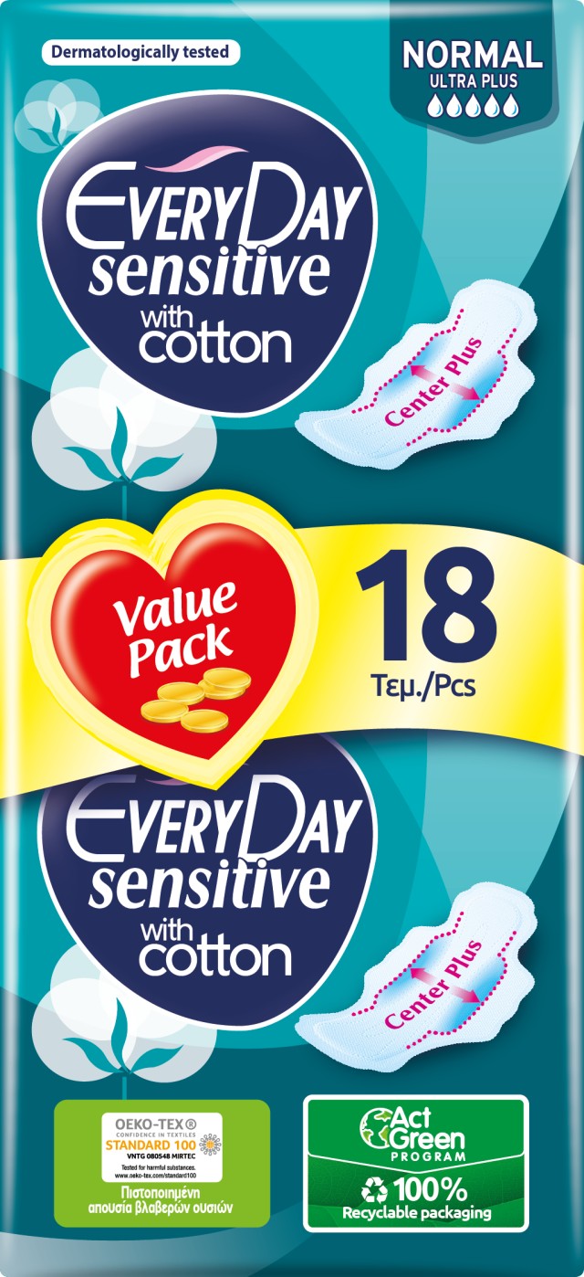 Every Day Σερβιέτες Sensitive with cotton NORMAL Ultra Plus Value Pack 18 τεμ.