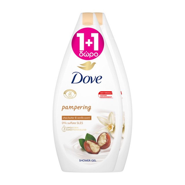 Dove Pampering Shea Butter & Vanilla Shower Gel, Αφρόλουτρο 2x450ml 1+1 ΔΩΡΟ