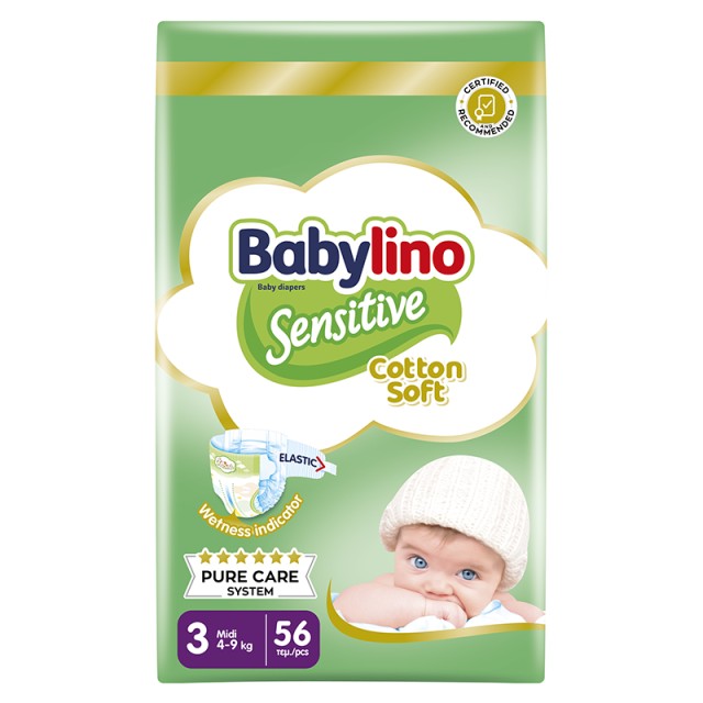 Βρεφική πάνα Babylino Sensitive Cotton Soft No3 4-9 Kg Value Pack 56τμχ