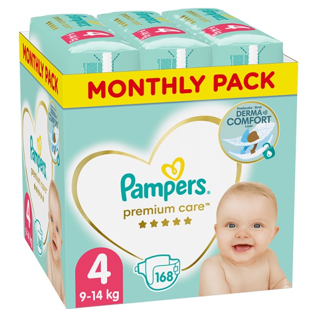 Pampers Premium Care, Βρεφικές Πάνες Νο4 (9kg-14kg), 168τμχ, MONTHLY PACK