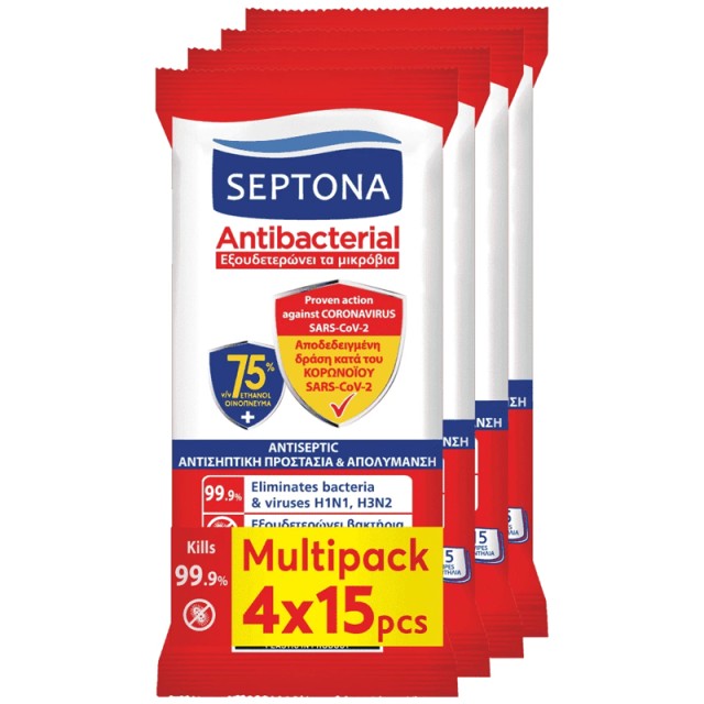 Septona Antibacterial Hand Wipes Aντιβακτηριακά Mαντηλάκια Xεριών 75% Ethanol, Multi Pack, 4x15τεμ.