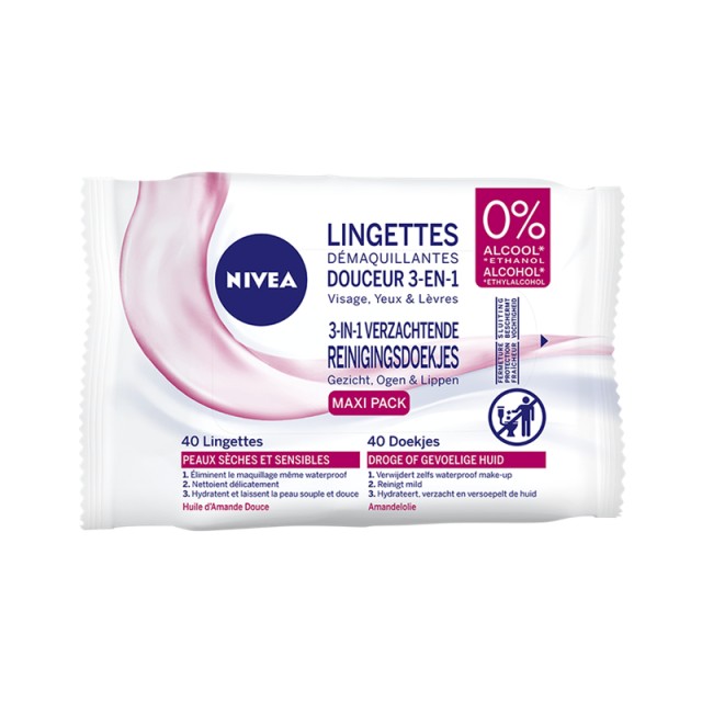 Nivea Cleansing Wipes 3-in-1, Αναζωογονητικά Μαντηλάκια Καθαρισμού 3 σε 1 για ευαίσθητο δέρμα, 40τμχ