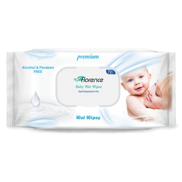 Florence 0% Alcohol Blue Cream Lotion Baby Wet Wipes, Υγρά Μωρομάντηλα, 72τμχ