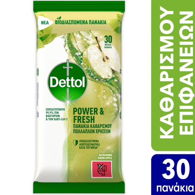 Dettol Power & Fresh Πανάκια Καθαρισμού Επιφανειών Πράσινο Μήλο 30 τεμ.