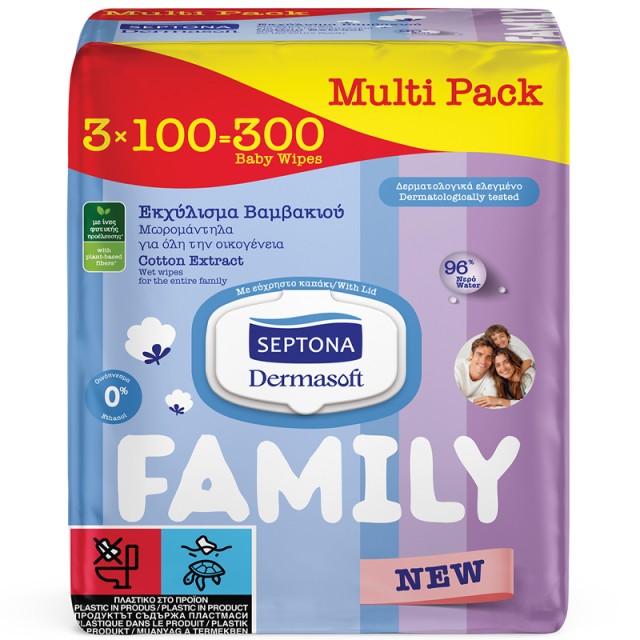 Septona Dermasoft Μωρομάντηλα Family Cotton, Multi Pack, 3x100τμχ