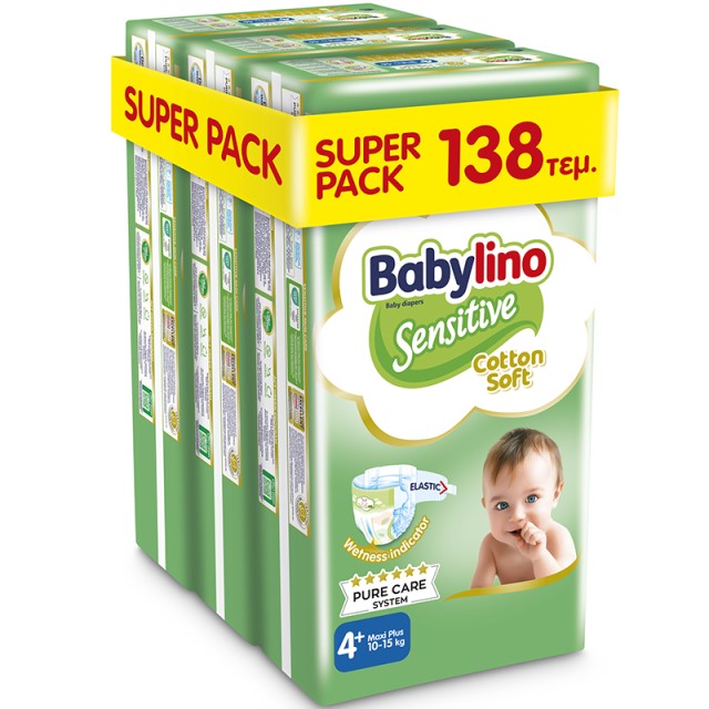 Βρεφική πάνα Babylino Sensitive Cotton Soft No4+ 10-15 Kg, SUPER PACK (3x46τμχ) 138τμχ