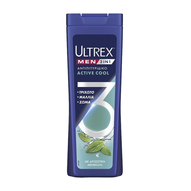 Ultrex Men 3σε1 Active Cool, Αντιπιτυριδικό Σαμπουάν με Δροσιστική Μενθόλη, 360ml