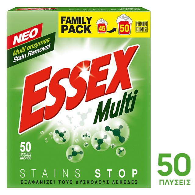 Essex Multi Stains Stop, Σκόνη Πλυντηρίου Ρούχων, 50 μεζούρες 2,4kg