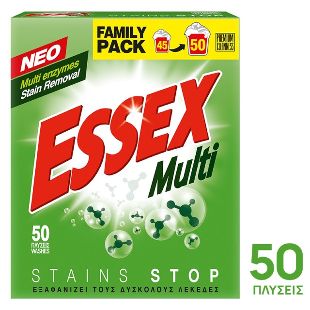 Essex Multi Stains Stop, Σκόνη Πλυντηρίου Ρούχων, 50 μεζούρες 2,4kg
