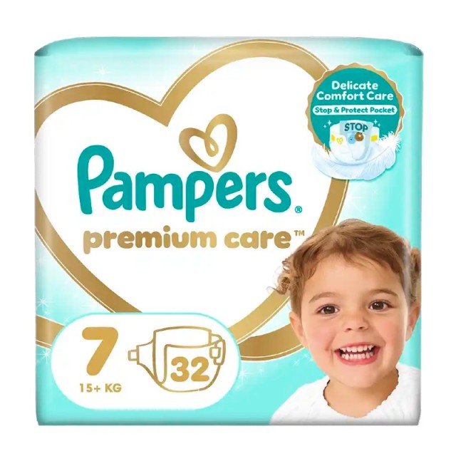 Pampers Premium Care, Βρεφικές Πάνες No7 (15+kg), 32τμχ, JUMBO PACK