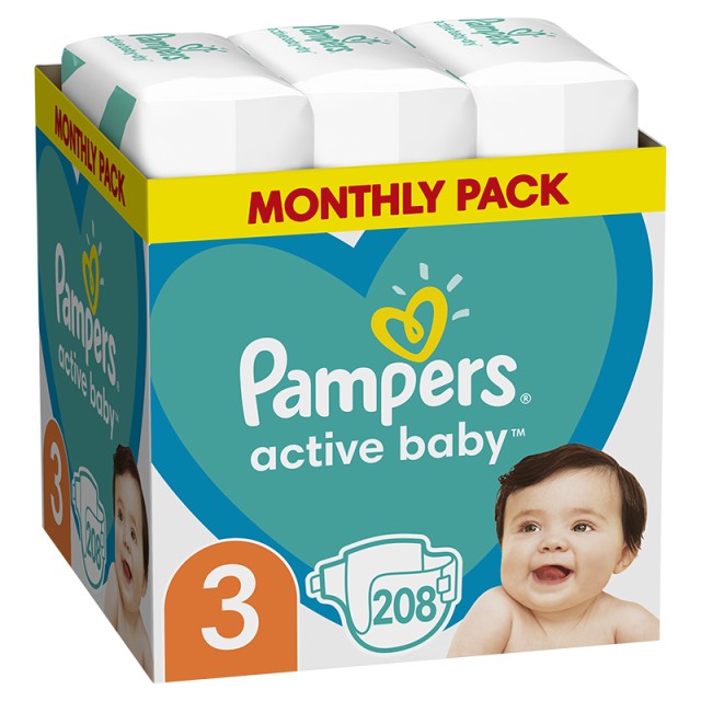 Pampers Active Baby Βρεφικές Πάνες No3 (6-10kg), 208τμχ, MONTHLY PACK