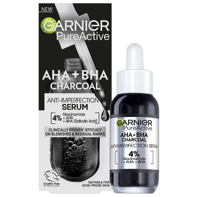Garnier PureActive AHA+BHA Charcoal Ορός Κατά των Ατελειών & της Ακμής, 30ml
