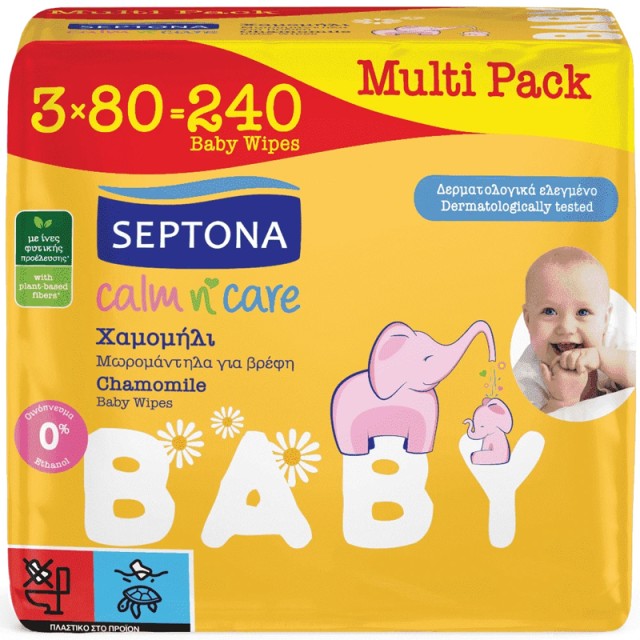 Septona Calm n Care Baby Chamomille, Μωρομάντηλα με Χαμομήλι & Ίνες Φυτικής Προέλευσης, 2+1 ΔΩΡΟ, 240τμχ