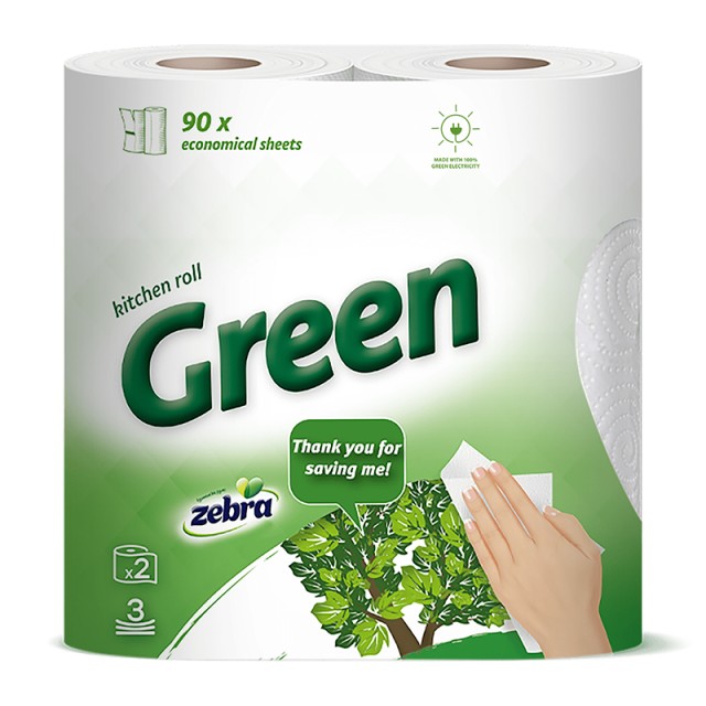 Zebra Duo Green, Χαρτί Κουζίνας 3φυλλο, 2τμχ
