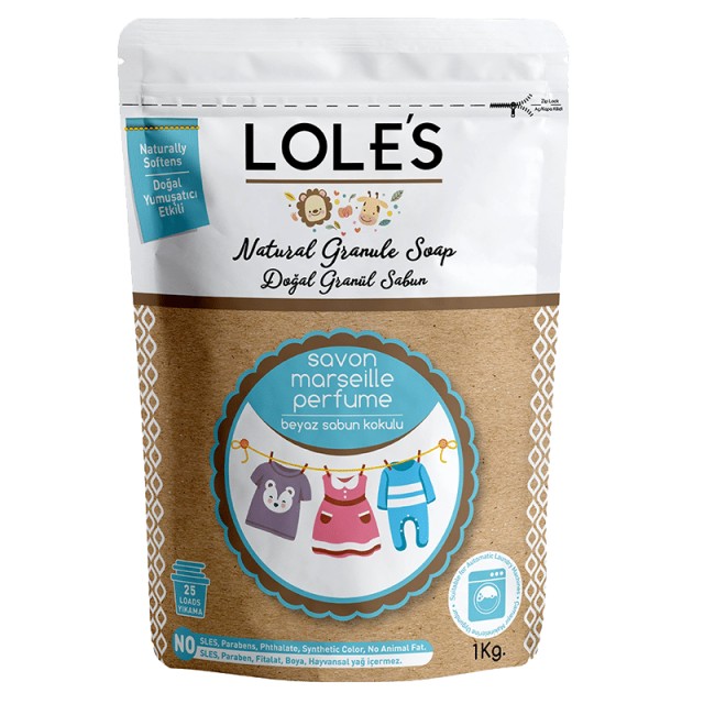 LOLE’S® Baby Άρωμα Σαπούνι Μασσαλίας, Παιδικο Βιολογικό Απορρυπαντικό Ρούχων Υποαλλεργικό, 1kg, 25 μεζούρες