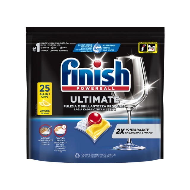 Finish Powerball Ultimate All in 1, Απορρυπαντικό Πλυντηρίου Πιάτων Ταμπλέτες, Λεμόνι, 25τεμ