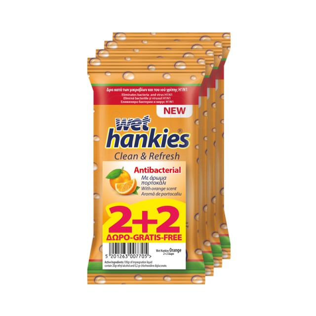 Wet Hankies Antibacterial Orange Αντιβακτηριδιακά μαντήλια χεριών 15 τεμ. 2+2 Δώρο