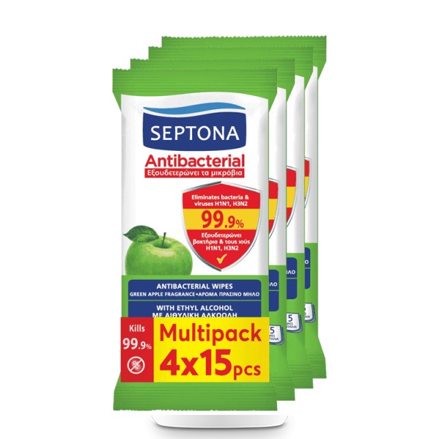 Septona Antibacterial Hand Wipes Aντιβακτηριακά Mαντηλάκια Xεριών Πράσινο Μήλο, 4x15τεμ