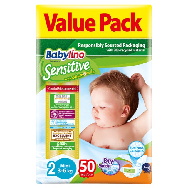 Βρεφική πάνα Babylino Sensitive No2 3-6 Kg Value Pack 50 τμχ