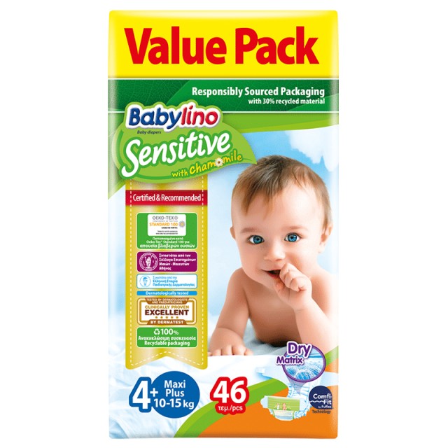 Βρεφική πάνα Babylino Sensitive No4+ 10-15 Kg Value Pack 46 τμχ