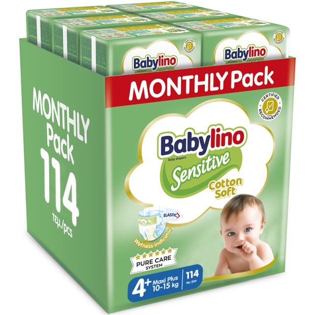 Βρεφική πάνα Babylino Sensitive Cotton Soft No4+ 10-15Kg Monthly Pack, 114 τεμ.