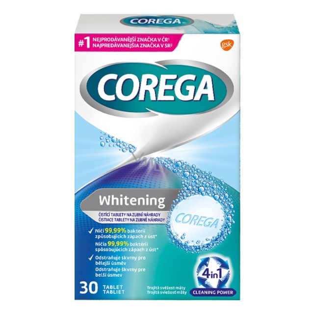 Corega Whitening tabs Antibacterial, Δισκία Καθαρισμού Τεχνητών Οδοντοστοιχιών, 30τμχ