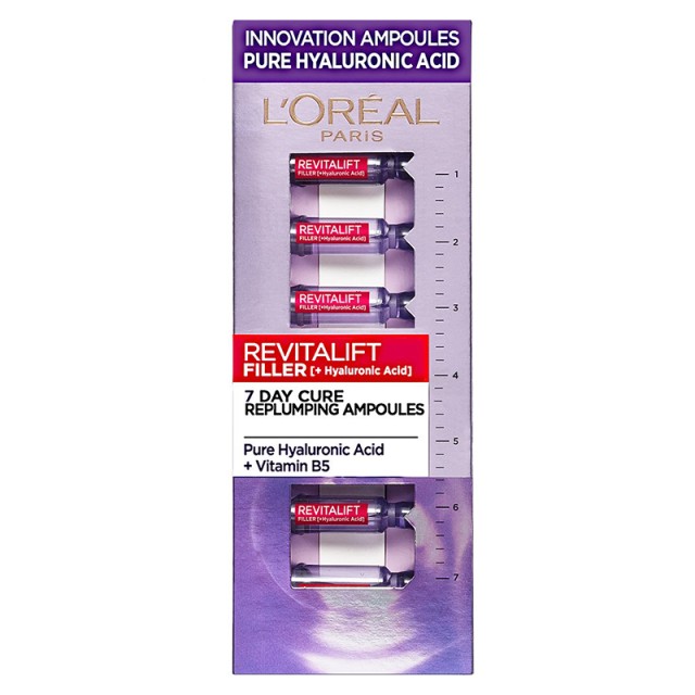 LOreal Revitalift Filler (+ Hyaluronic Acid) 7Day Cure Pure Hyaluronic + Vitamin B5, Αμπούλες για Εντατική Ενυδάτωση & Σύσφιξη της Επιδερμίδας (7x1ml)