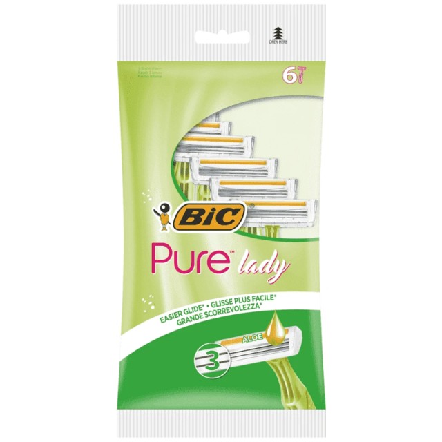Bic Pure 3 Lady Γυναικεία Ξυραφάκια Σώματος μιας Χρήσης με 3 Λεπίδες & Λιπαντική Ταινία Aloe Vera, 6τεμ.