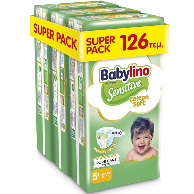 Βρεφική πάνα Babylino Sensitive Cotton Soft No5+ 12-17 Kg, SUPER PACK (3x42τμχ) 126τμχ