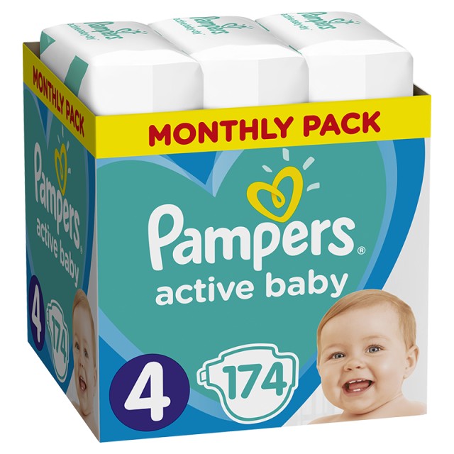 Pampers Active Baby Βρεφικές Πάνες, Νο4 (9-14kg), 174τμχ, MONTHLY PACK