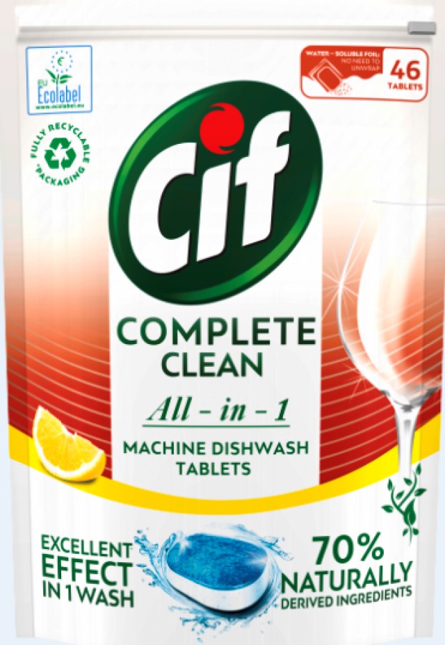 Cif Complete Clean All in 1 Λεμόνι, Ταμπλέτες Πλυντηρίου Πιάτων, 46τμχ