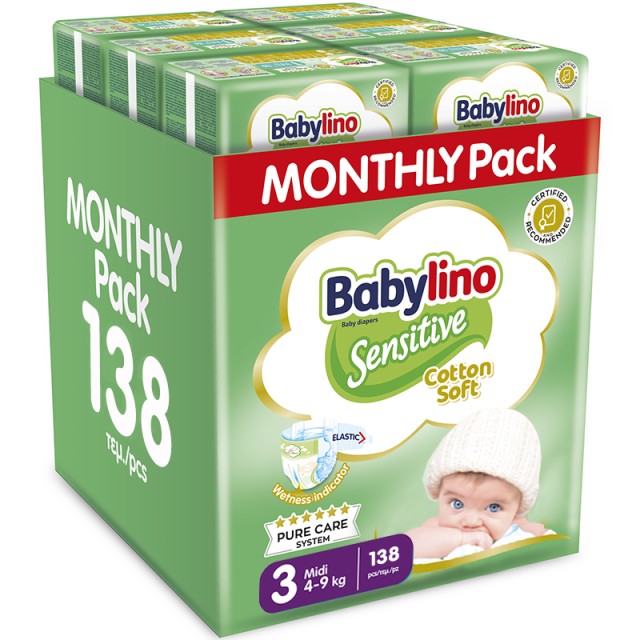 Βρεφική πάνα Babylino Sensitive Cotton Soft No3 4-9 Kg Monthly Pack, 132 τεμ.