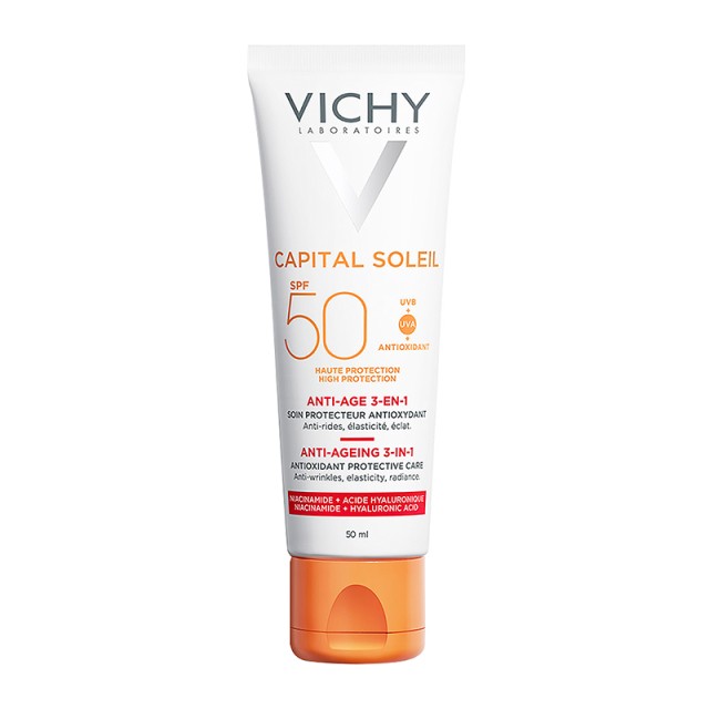 Vichy Capital Soleil Anti-Ageing 3in1 SPF50, Αντηλιακή Κρέμα Προσώπου με Αντιγηραντική Δράση, 50ml