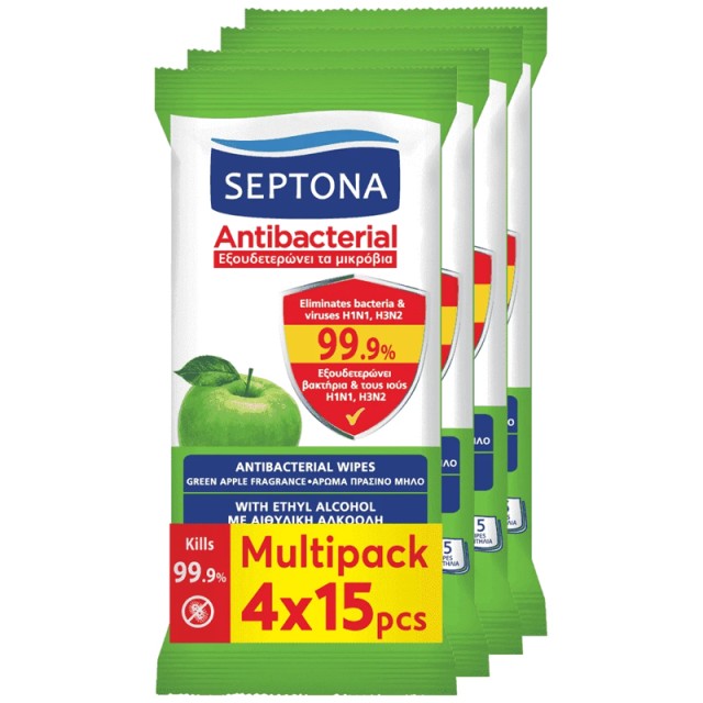 Septona Antibacterial Hand Wipes Aντιβακτηριακά Mαντηλάκια Xεριών Πράσινο Μήλο, Multi Pack, 4x15τεμ