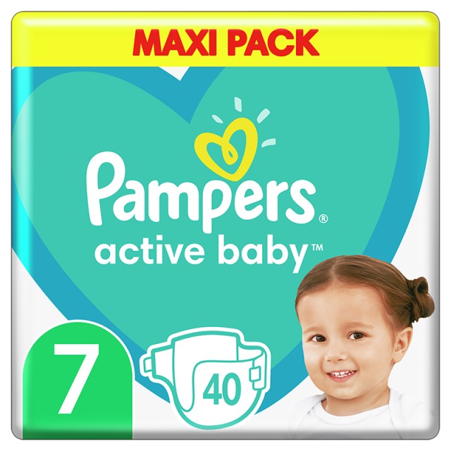 Pampers Active Baby, Βρεφικές Πάνες Νο7 (15+kg), 40τμχ, MAXI PACK