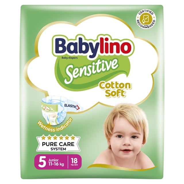 Βρεφική πάνα Babylino Sensitive Cotton Soft No5 11-16 Kg 18 τμχ
