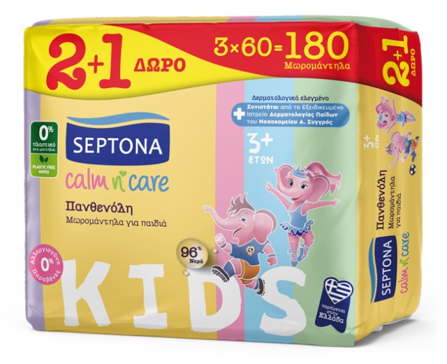 Septona Calm n' Care Kids Panthenol, Μωρομάντηλα με Πανθενόλη, 2+1 ΔΩΡΟ, 180τμχ