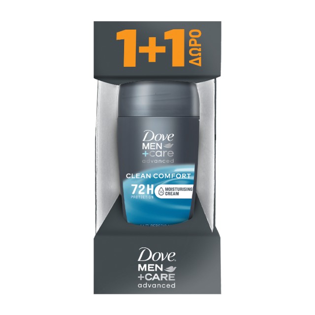 Dove Men+Care Advanced Clean Comfort 72h Protection, Αποσμητικό Roll on 2x50ml, 1+1 ΔΩΡΟ