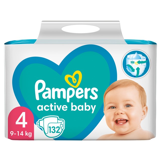 Pampers Active Baby Πάνες Μεγ. 4 (9-14kg)  - 132 Πάνες MEGA PACK