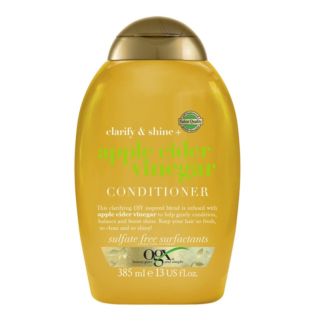 OGX Clarify & Shine Apple Cider Vinegar Conditioner SLS Free, Μαλακτική Κρέμα Μαλλιών για Λιπαρά Μαλλιά χωρίς Θειϊκά Άλατα, 385ml