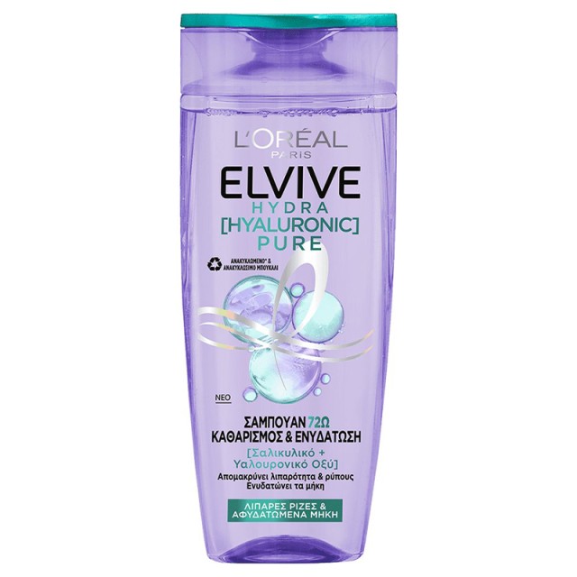 Elvive Hydra Hyaluronic Pure Shampoo Σαμπουάν Κατά της Λιπαρότητας για Λιπαρές Ρίζες &  Αφυδατωμένα Μήκη, 400ml