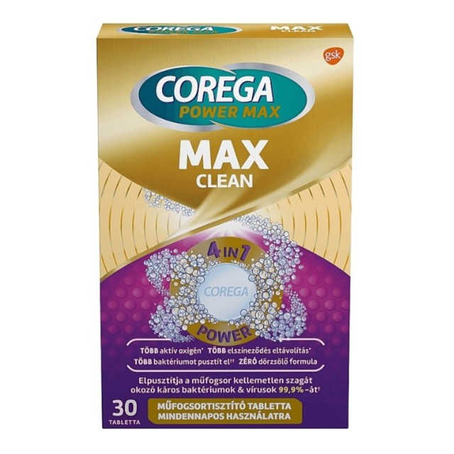 Corega Max Clean 4 in 1 Denture Cleaning Tablets Daily Care, Tαμπλέτες Kαθαρισμού Oδοντοστοιχιών, 30 Tablets