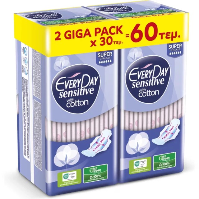 EveryDay Σερβιέτες Sensitive with cotton SUPER Ultra Plus GIGA PACK x 2, 60 τεμ. (2x30τεμ.)