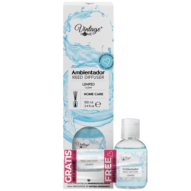 Vintage Home Clean Reed Diffuser, Αρωματικός Διαχυτήρας σε Στικ 100 ml + 50 ml Ανταλλακτικό