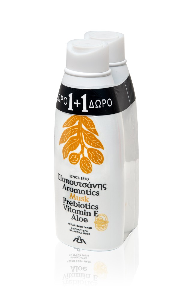 Papoutsanis Aromatics Musk Shower Gel, Αφρόλουτρο με Προβιοτικά, Αλόη & Βιταμίνη Ε, 2x650ml 1+1 ΔΩΡΟ