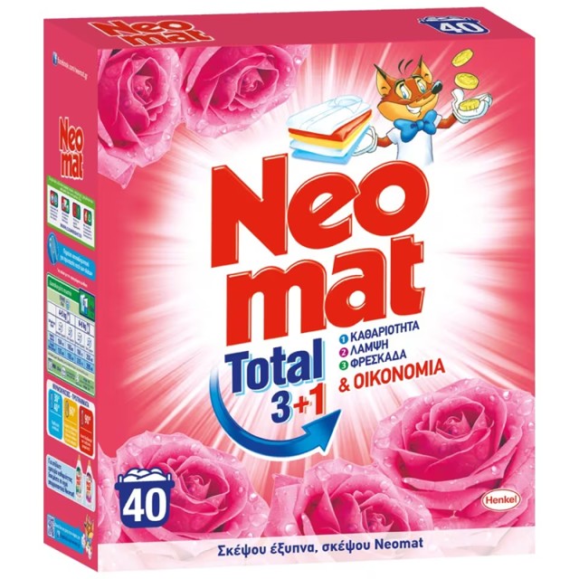 Neomat Total 3 in 1, Σκόνη Πλυντηρίου Ρούχων με Άρωμα Άγριο Τριαντάφυλλο, 40μεζ. 2kg
