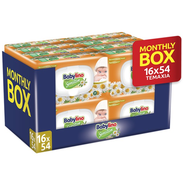Babylino Sensitive Chamomile Υποαλλεργικά Μωρομάντηλα Με Εκχύλισμα Οργανικού Χαμομηλιού, Με Καπάκι που Ξανακλείνει (16x54τεμ.) 864τεμ.MONTHLY BOX
