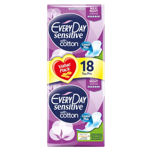 Every Day Sensitive Ultra Plus Maxi Night, Σερβιέτες με Φτερά, 18τμχ, VALUE PACK