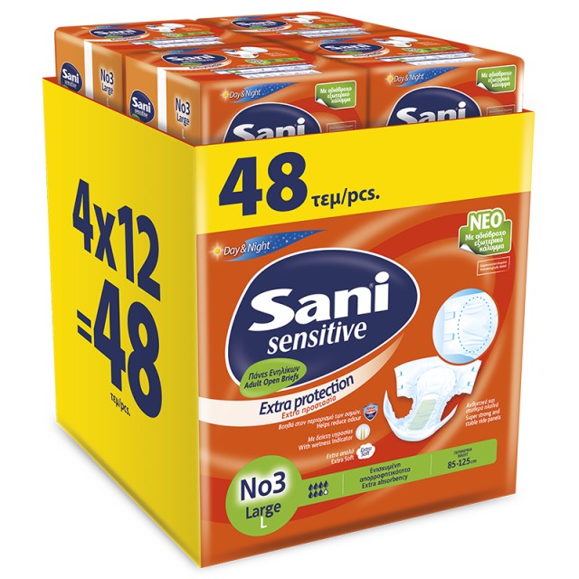 Ανοιχτή πάνα ακράτειας Sani Sensitive Large No3, MEGA PACK, 48τμχ